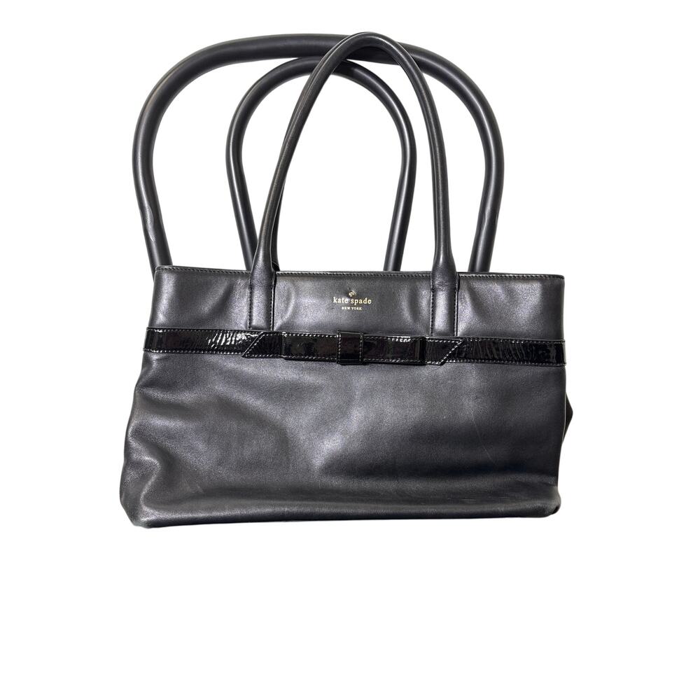Kate Spade Black Soft Leather With Patent Leather Bow Shoulder Bag 16"x10"